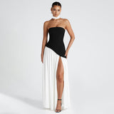 Women's Black And White Bumping Round Neck Irregular Opening Dress DJPT