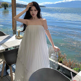Beach Dress Seaside Tourism Vacation Chiffon Long Dress Folded Loose Sleeveless Slings Dress Dress Woman