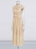 Wind Champagne Embroidered Dress Mid-Long Dress 2025 New Female Collar Bag Sleeve Design Waist Dress