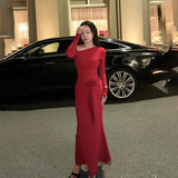 Autumn 2025 New Bag Ass Dress Famous Style Temperament Sex-Slanted Shoulder Long-Sleeved Dress Woman DJPT