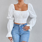 And Summer Women Pure White Long Sleeve Front Breast Strap With Bare Back Sexy Waist Shirt Crop Top DJPT