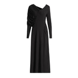 Comfort Elegance Wind 2025 Summer New V-Neck Long Sleeves Folded Asymmetric Design Dress