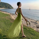 Vacation Dress Women's Summer 2024 New V-Neck Lotle-Side Temperament Super Fairy Opening Sling Skirt