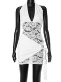 Women's Sleeveless Lace Splicing Strapped Neck Bag Hip Dress DJPT