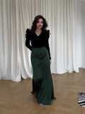 Autumn Fashion Temperament Velvet Splicing V-Neck Intellectual Belt Long Dress