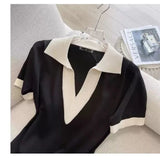 Flavender 2025 Summer POLO Collar Short-Sleeved Knitted Dress Straight Loose V-Neck T-Shirt Dress French Niche DJPT