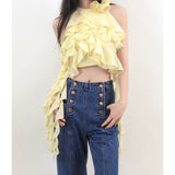 New Yellow Lotus Leaf Side Ribbon Hanging Neck Dress Flexible Girl Flower Vest