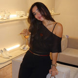 Women's Summer New Sexy Slim Slim Solid Color Oblique Shoulder Perspective Top DJPT