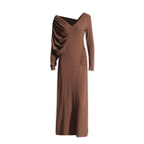 Temperament Commuting Style Dress 2025 Spring New V Collar Folded Asymmetric Waist Long Dress