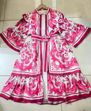 Vintage 2025 Summer New Round-Neck Long Horn Sleeve Blue Printed Dress Woman