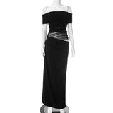 Women's First-Word Neckline Mesh Splicing Bare Waist Repair Folding Bag Of Hips Skirt DJPT