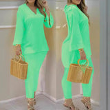 Explosion Color New Plain Horn Sleeve V Collar Top And Trousers Fashion Lady Set DJPT