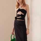 New Body-Repair Sexy Three-Dimensional Flowers Waist Dress Long Hollow Hanging Neck Sling Skirt