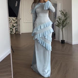 Temperament Autumn And Winter New Women's Clothing Stitching Rules Lotus Leaf Lace Bag Hip Dress