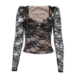 Temperament Lace Mesh Long-Sleeved Top Woman Women's Summer New Sexy Commuter T-Shirt DJPT