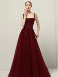 A line Straps Sequin Burgundy Long Party Dress Prom Dresses SD1503