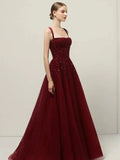 A line Straps Sequin Burgundy Long Party Dress Prom Dresses SD1503