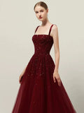 A line Straps Sequin Burgundy Long Party Dress Prom Dresses SD1503