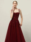 A line Straps Sequin Burgundy Long Party Dress Prom Dresses SD1503