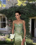 Mermaid Spaghetti Straps Sage Green Long Satin Prom Dresses Formal Evening Dress SD2416