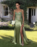 Mermaid Spaghetti Straps Sage Green Long Satin Prom Dresses Formal Evening Dress SD2416