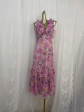 A line V neckline Pink Rose Travel Vacation Floral Beach Dress Birthday Outfits SD0018
