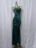 Sheath Spaghetti Straps Dark Green Vacation Dress Satin Birthday Dresses SD0023