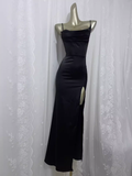 Sheath Spaghetti Straps Black Vacation Dress Satin Birthday Dresses SD0025