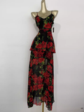 A line Spaghetti Straps Red Rose Travel Vacation Floral Beach Dress Long Dress SD005