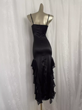 Sheath Spaghetti Straps Black Satin Vacation Beach Dress Long Birthday Dresses SD006