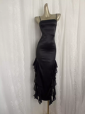 Sheath Spaghetti Straps Black Satin Vacation Beach Dress Long Birthday Dresses SD006