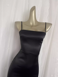 Sheath Spaghetti Straps Black Satin Vacation Beach Dress Long Birthday Dresses SD006
