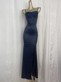 Sheath Spaghetti Straps Navy Blue Long Vacation Dress Birthday Dresses SD0074