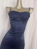 Sheath Spaghetti Straps Navy Blue Long Vacation Dress Birthday Dresses SD0074