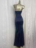 Sheath Spaghetti Straps Navy Blue Long Vacation Dress Birthday Dresses SD0074