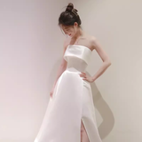 A Line Strapless Satin Ivory Wedding Dresses SD0075