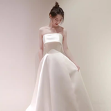 A Line Strapless Satin Ivory Wedding Dresses SD0075
