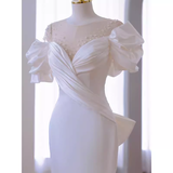 Mermaid Scoop Neckline Satin White Long Wedding Dresses SD0076