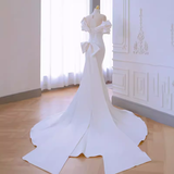 Mermaid Scoop Neckline Satin White Long Wedding Dresses SD0076