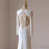 Mermaid V Neckline Satin Ivory Long Sleeves Wedding Dresses SD0077