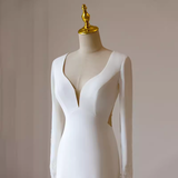 Mermaid V Neckline Satin Ivory Long Sleeves Wedding Dresses SD0077