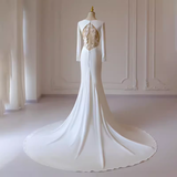 Mermaid V Neckline Satin Ivory Long Sleeves Wedding Dresses SD0077