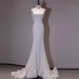 Mermaid Spaghetti Straps Sequin White Long Wedding Dresses SD0078