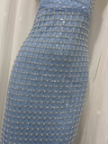 Sheath Straplesss Blue Sequin Slit Vacation Dress Long Birthday Outfits SD007