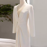 Mermaid Long Sleeves V Neckline Satin White Long Wedding Dresses Brides Dress SD0081