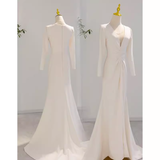 Mermaid Long Sleeves V Neckline Satin White Long Wedding Dresses Brides Dress SD0081