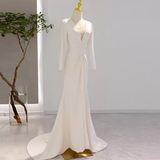 Mermaid Long Sleeves V Neckline Satin White Long Wedding Dresses Brides Dress SD0081