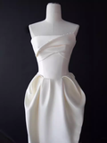 A line Strapless Satin White Tea Length Wedding Dresses Brides Dress SD0086