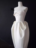 A line Strapless Satin White Tea Length Wedding Dresses Brides Dress SD0086