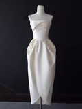 A line Strapless Satin White Tea Length Wedding Dresses Brides Dress SD0086